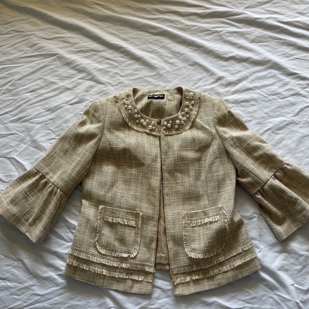karl lagerfeld womens cream pearl accent fringe blazer size 4